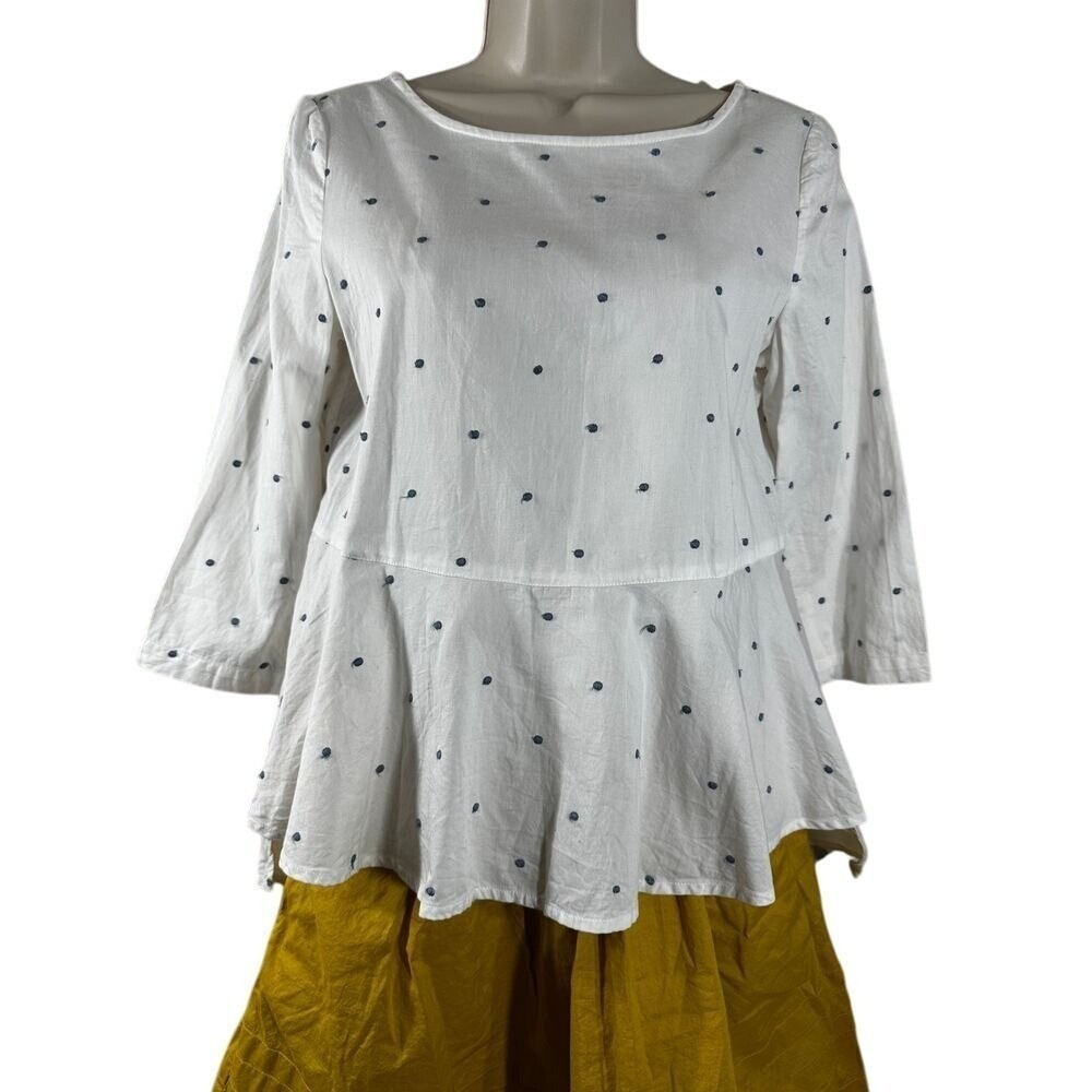 Maeve Anthropologie White Embroidered Polka Dot Peplum Button Back‎ Top Size 2